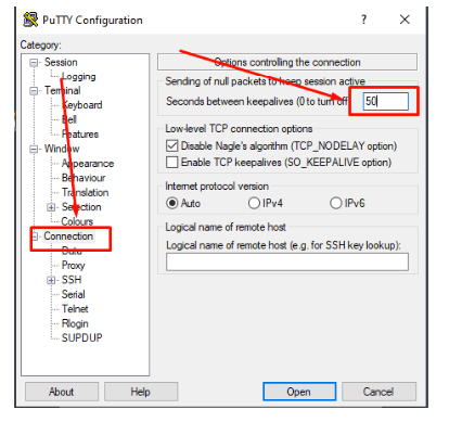 Скриншот: настройка Connection в Putty